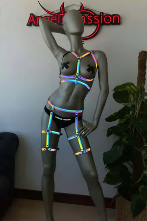 Reflective Harness Lingerie Set - Rainbow Body Cage Rave Wear