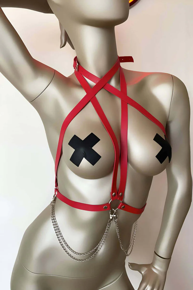 Red Faux Leather Chest Harness with Crisscross Straps and Silver Chains