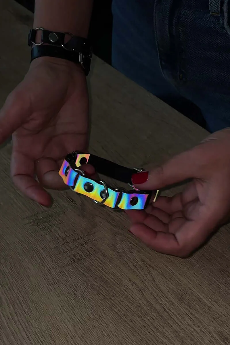 Reflective Strap Choker Collar with O-Rings Rainbow Faux Leather