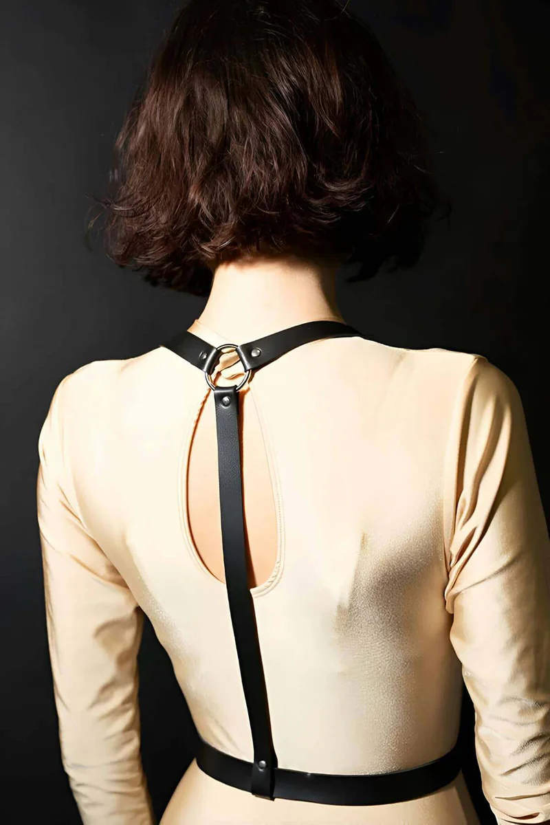 Minimalist Back Body Harness Black Vegan Leather Silver O-Ring