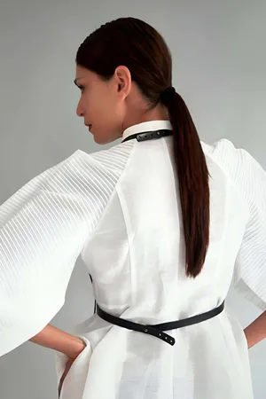 Black Minimalist Faux Leather Waist Belt and Choker Harness Worn Over White Shirt