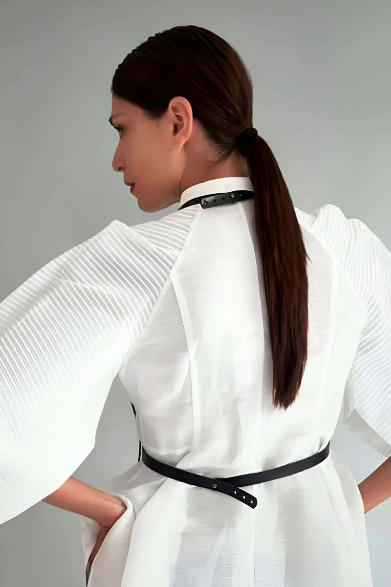 Black Minimalist Faux Leather Waist Belt and Choker Harness Worn Over White Shirt