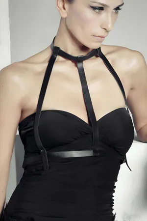 Black Minimalist Faux Leather Waist Belt and Choker Harness Worn Over White Shirt