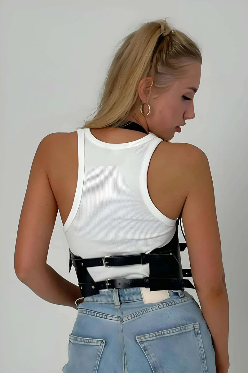 Black Vegan Leather Harness Vest Front View Model Posed