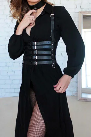 Black Faux Leather Body Harness Corset Choker Set Five Buckles