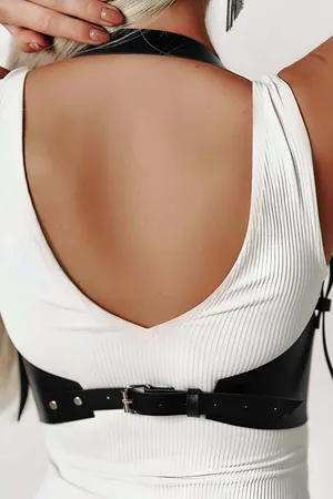Black Faux Leather Underbust Corset Harness worn over white shirt and jeans fashion accessory