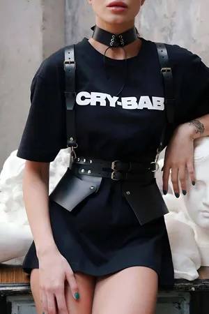 Black Faux Leather Harness Belt with Choker styled over a black t-shirt, silver buckles