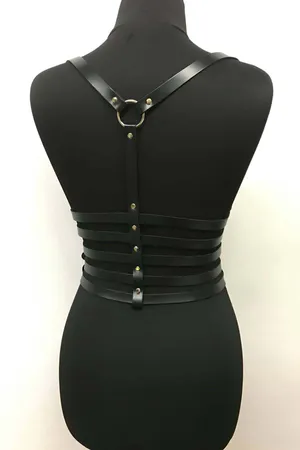 Black Faux Leather Corset Harness with Five Buckled Waist Straps and Draped Silver Chains