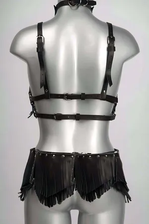 Black Fringed Faux Leather Bustier Harness Set with Studded Skirt and Choker