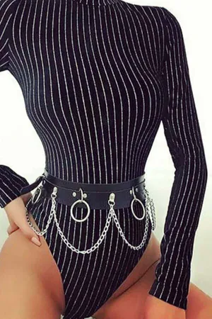Black Faux Leather Waist Harness with Silver O-Rings and Draping Chains