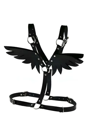 Black Faux Leather Angel Wing Body Harness with O-Ring