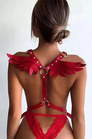 Stylish Leather Harness with Angel Wing Detail - APFT642
