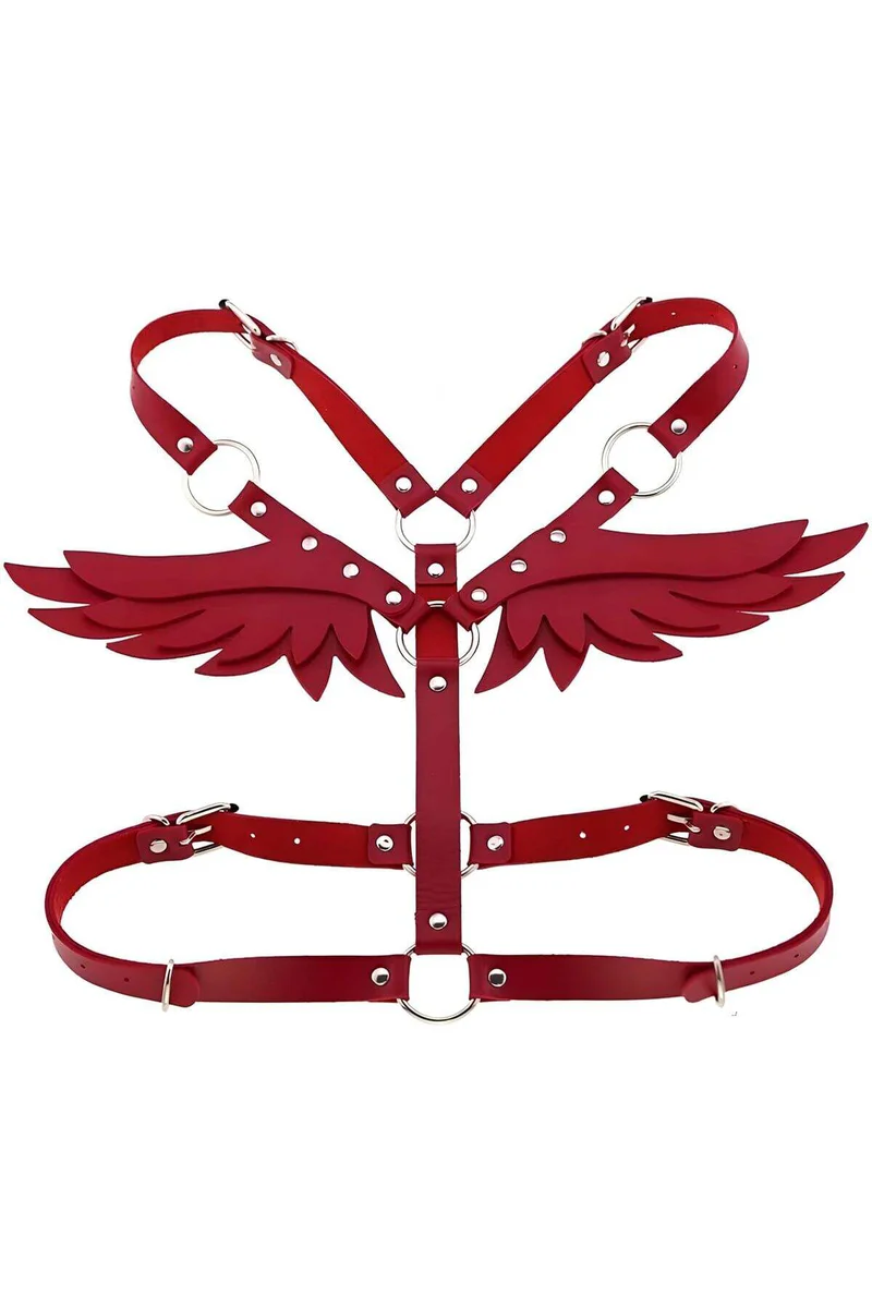 Red Leather Body Harness with Angel Wings Fashion Accessory