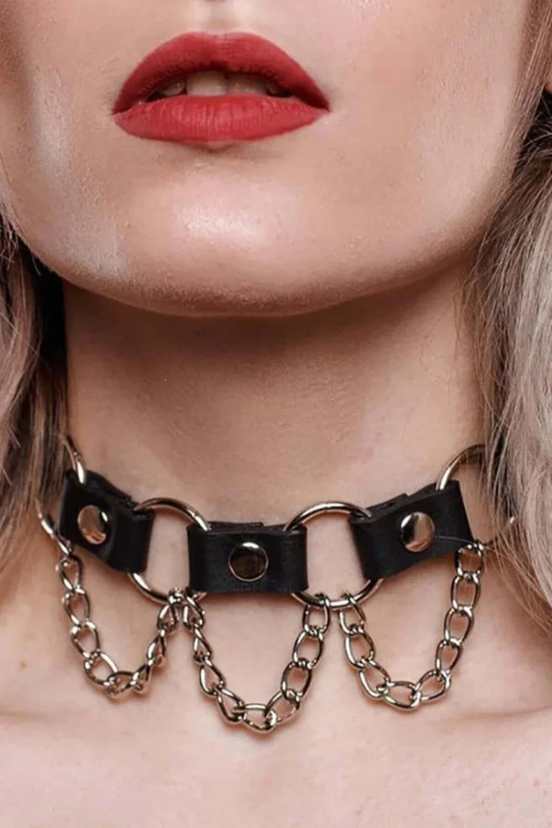 Black Faux Leather O-Ring Choker Necklace with Draping Silver Chains