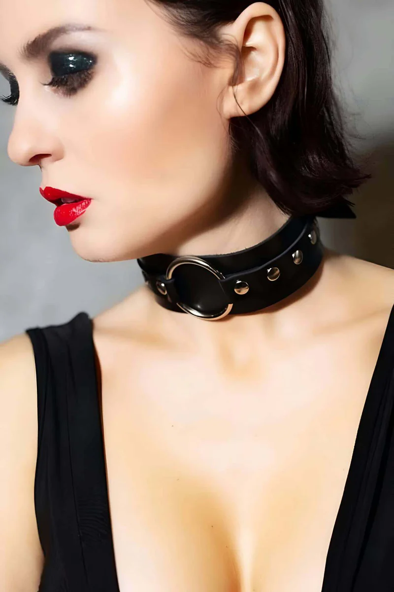 Leather O-Ring Choker Necklace - Studded Wide Adjustable Style