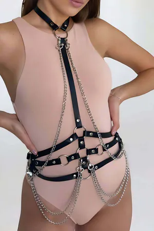 Black Faux Leather Full Body Harness with Detachable Silver Chains O-Rings