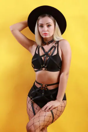 Black Faux Leather Caged Full Body Harness Set with Choker and Garter