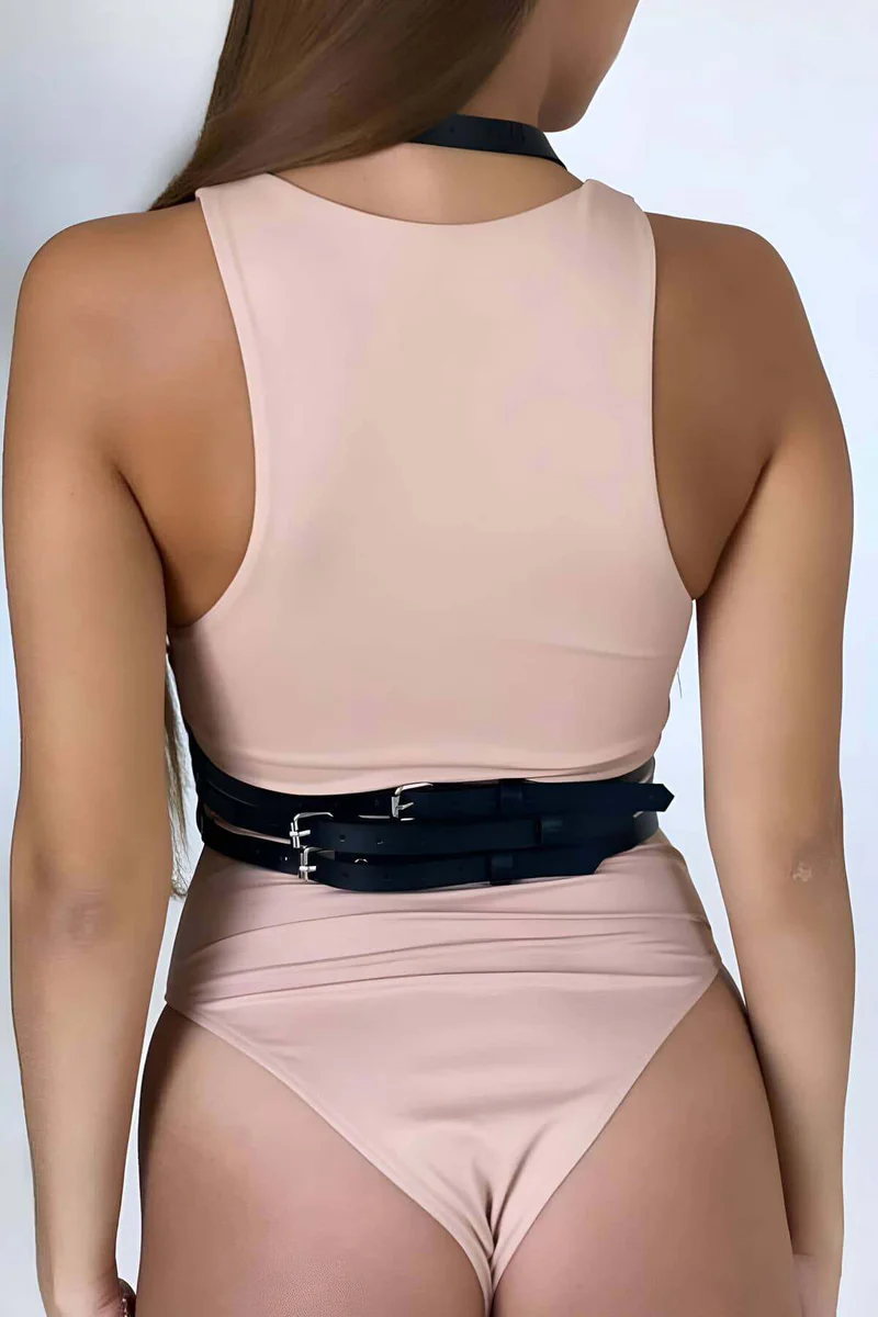 Fancy Leather Harness with Chest Detail and Tied at the Neck and Waist - APFT760