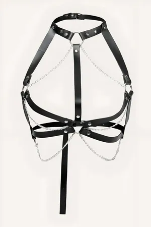 Black Faux Leather Chest Harness Choker Design with Draped Silver Chains and O-Rings