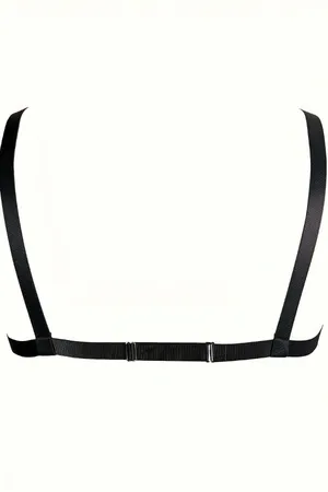 Black Faux Leather Chest Harness with Layered Silver Chains Plus Size
