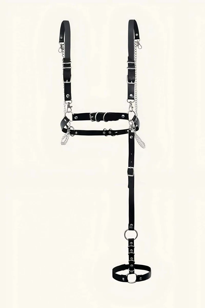 Black faux leather body harness with O-ring and chains