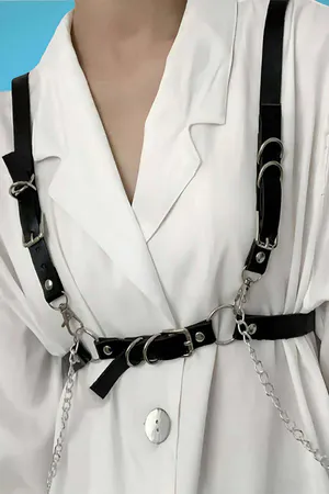 Black Faux Leather Chest Harness Detachable Chains Front View