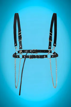Black Faux Leather Chest Harness Detachable Chains Front View
