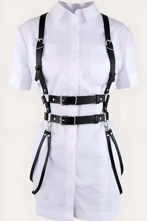 Black Faux Leather Caged Body Harness Double Waistbands Adjustable Shoulder Straps