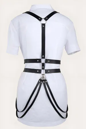 Black Faux Leather Caged Body Harness Double Waistbands Adjustable Shoulder Straps