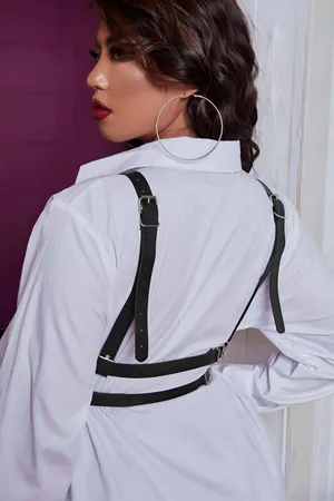 Black Faux Leather Caged Chest Harness with Silver O-Rings over White Shirt