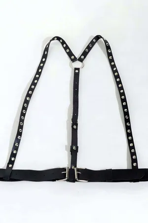 Black Faux Leather Studded Body Harness with Double Buckle Waist