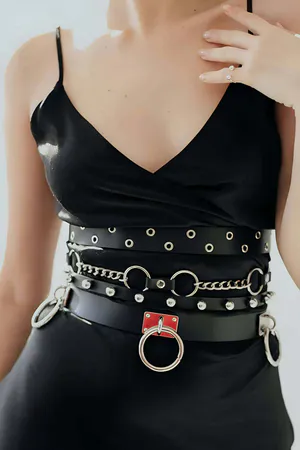Black Faux Leather Multi-Strap Waist Harness with Silver O-Rings Studs and Chains