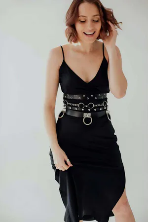 Black Faux Leather Multi-Strap Waist Harness with Silver O-Rings Studs and Chains