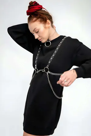 Transparent Studded Body Harness & O-Ring Choker Set with Silver Chains