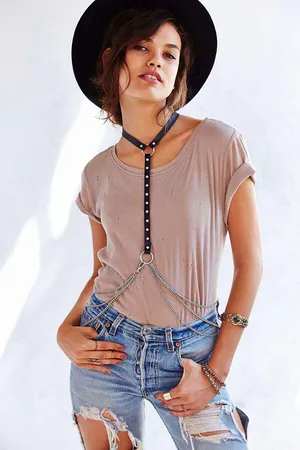 Black Vegan Leather Halter Body Harness Studded Front Strap Draping Waist Chains
