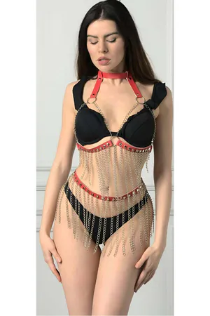 Coral Faux Leather Chain Body Harness Set Women Front View with Dangling Chains