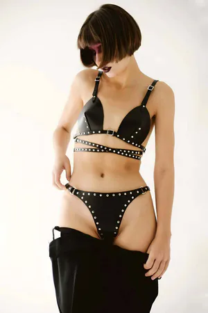 Black Faux Leather Studded Bra and Thong Harness Set for Women