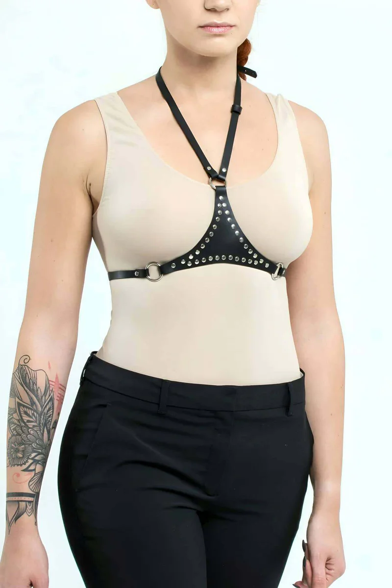 Black Faux Leather Studded Underbust Halter Harness Adjustable Straps