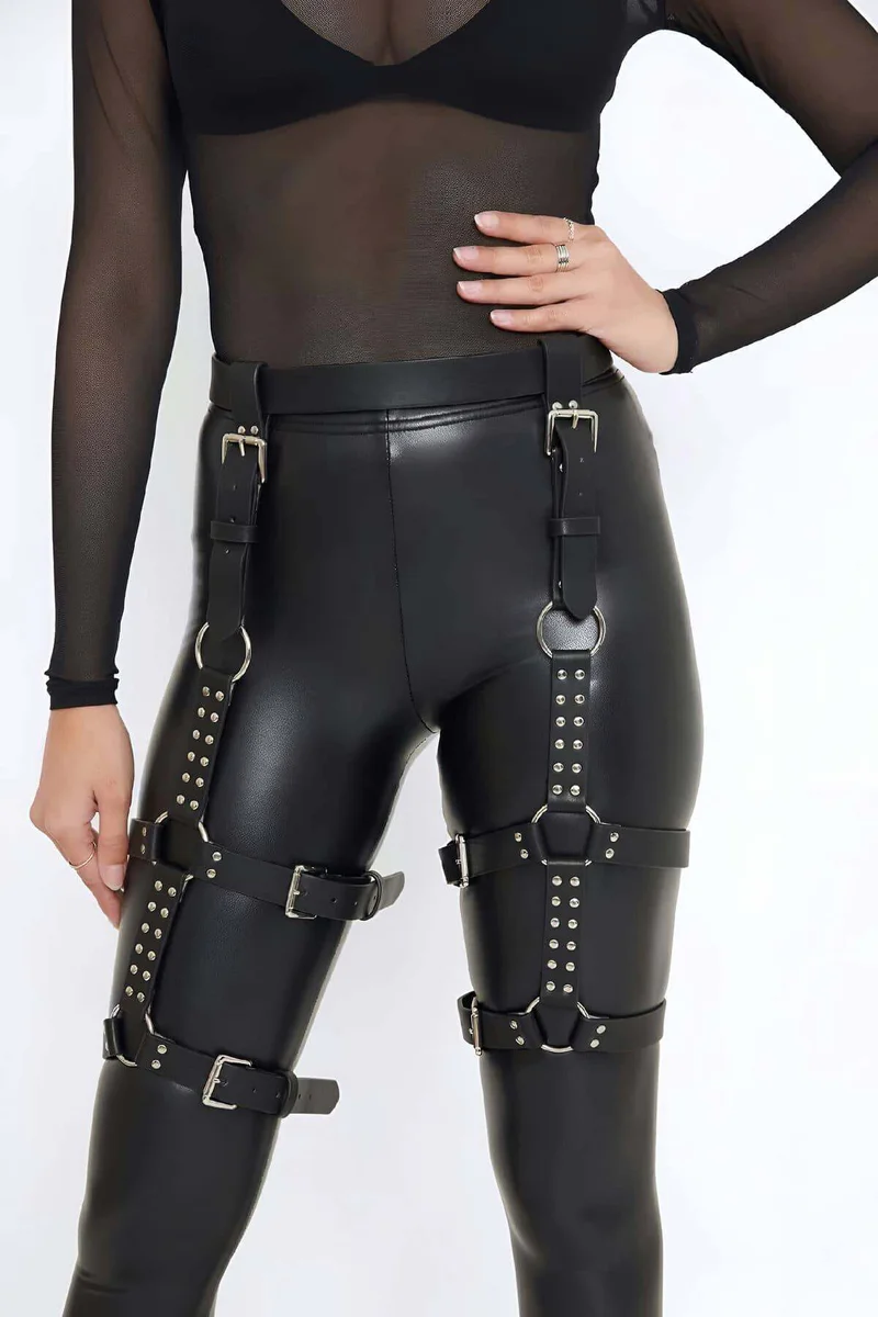 Black faux leather thigh harness side view showing buckle adjustment