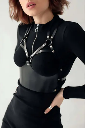 Black Faux Leather Bustier Style Body Harness Women Silver O-Rings