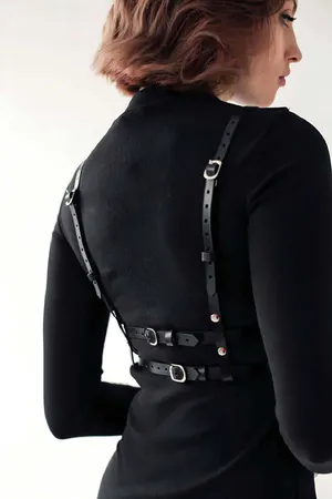 Black Faux Leather Bustier Style Body Harness Women Silver O-Rings