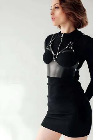 Black Faux Leather Bustier Style Body Harness Women Silver O-Rings