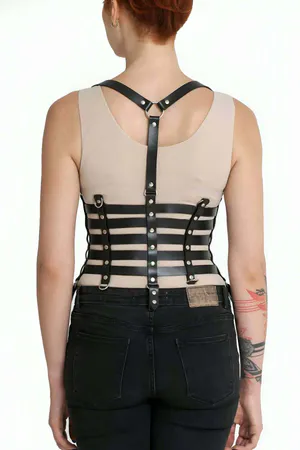 Black Faux Leather Cage Harness Women Adjustable Five Belts