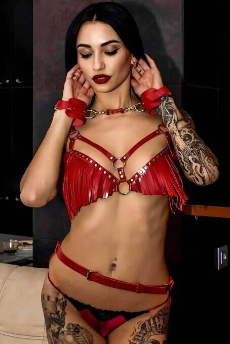 Red Fringe Body Harness Lingerie Front