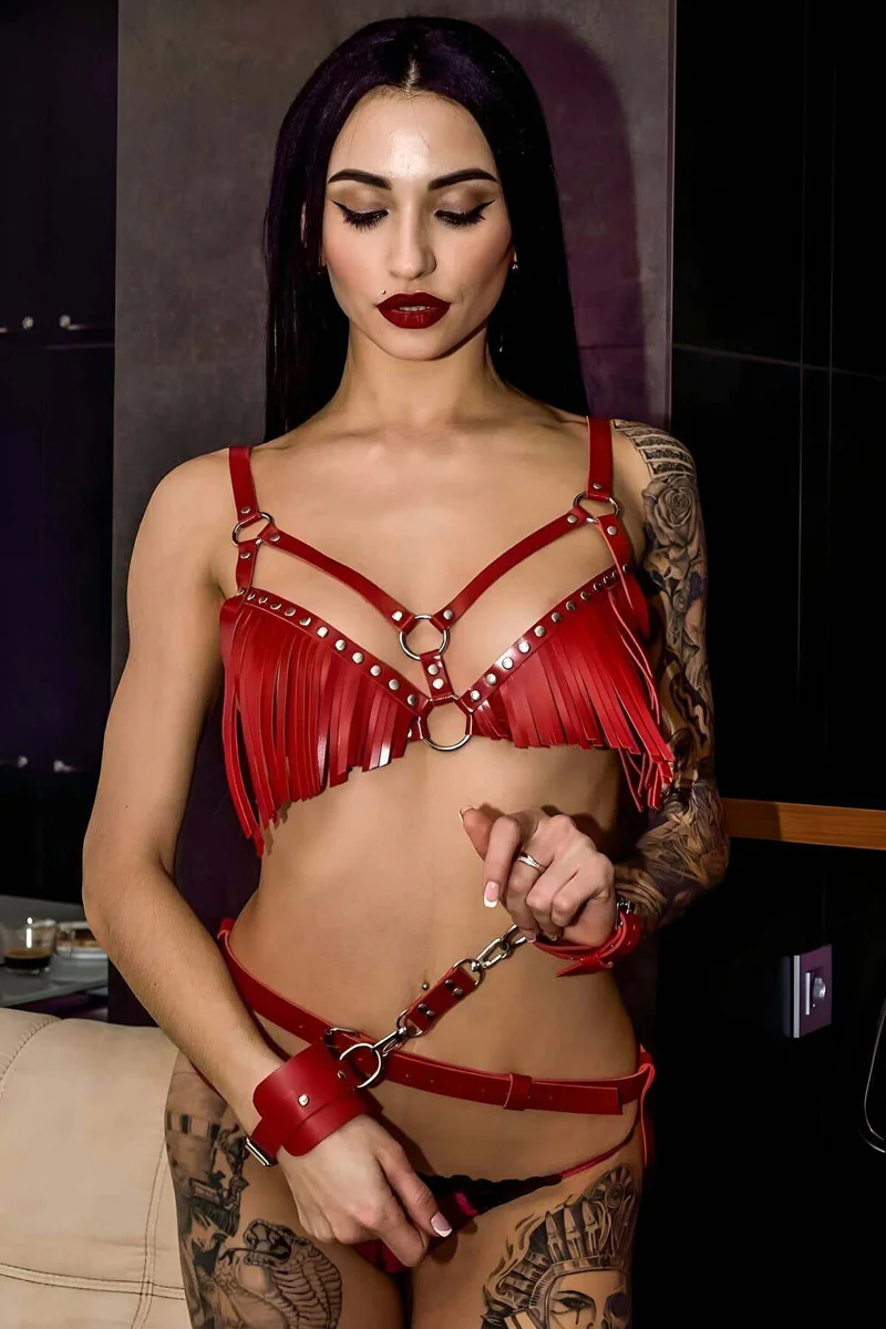 Red intimate fashion harness ensemble worn