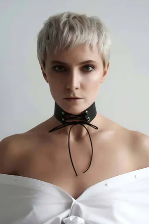 Black Lace-Up Faux Leather Choker Collar with Rope Tie on a person