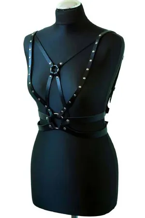 Black Faux Leather Riveted Chest Harness with Silver O-Rings and Studs