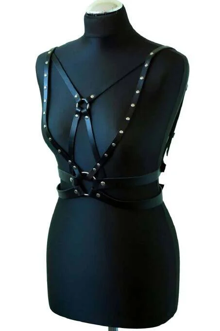 Black vegan leather chest harness front view