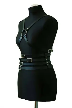 Black Faux Leather Full Body Harness with Multi-Buckle Waist and Silver O-Ring Chest Detail