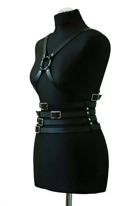Black faux leather festival body harness with shoulder